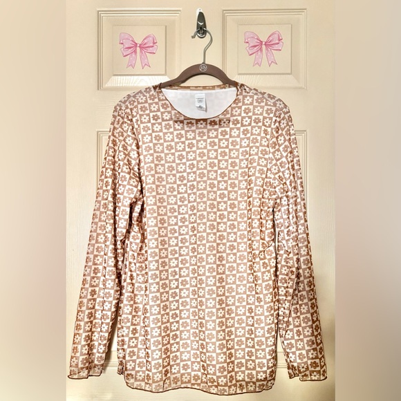 Source Unknown Tops - Checkerboard Flower Long Sleeve Brown Boho Top Sheer Fully Lined Shirt Women’s